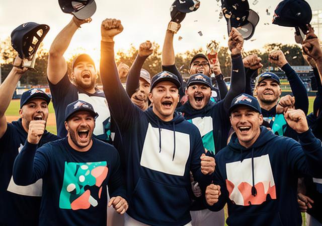 大会名と日付をプリントした優勝記念Tシャツを着る野球チーム