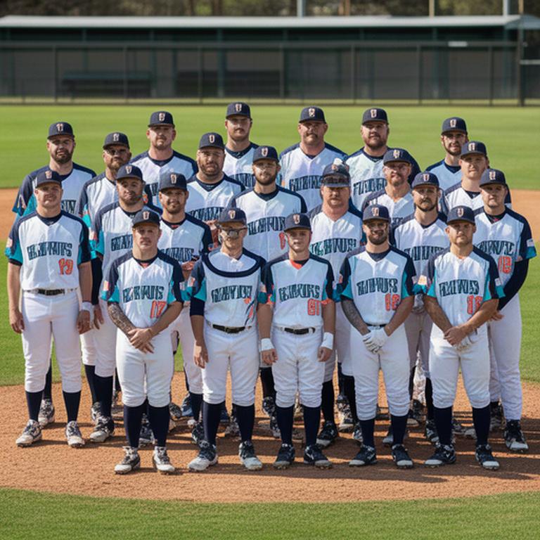大学野球チームがグラウンドで試合用ユニフォームを着て整列している様子