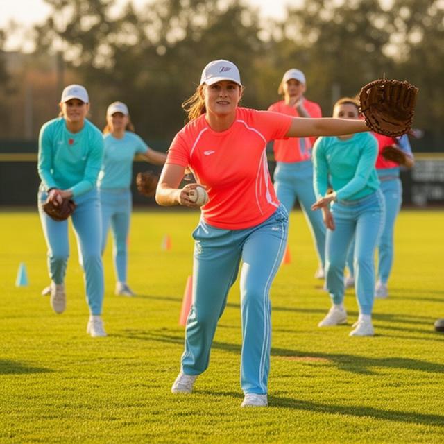 女子野球チームの選手が明るいカラーのウェアで練習している様子