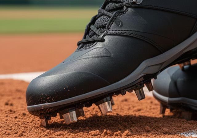 高校野球の土のグラウンドで使う黒い金具スパイクのクローズアップ